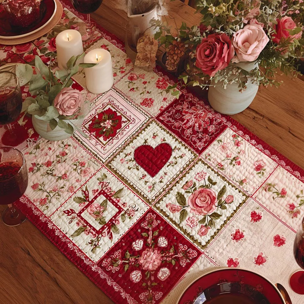 Caminho de Mesa Acolchoado - Corações e Rosas
