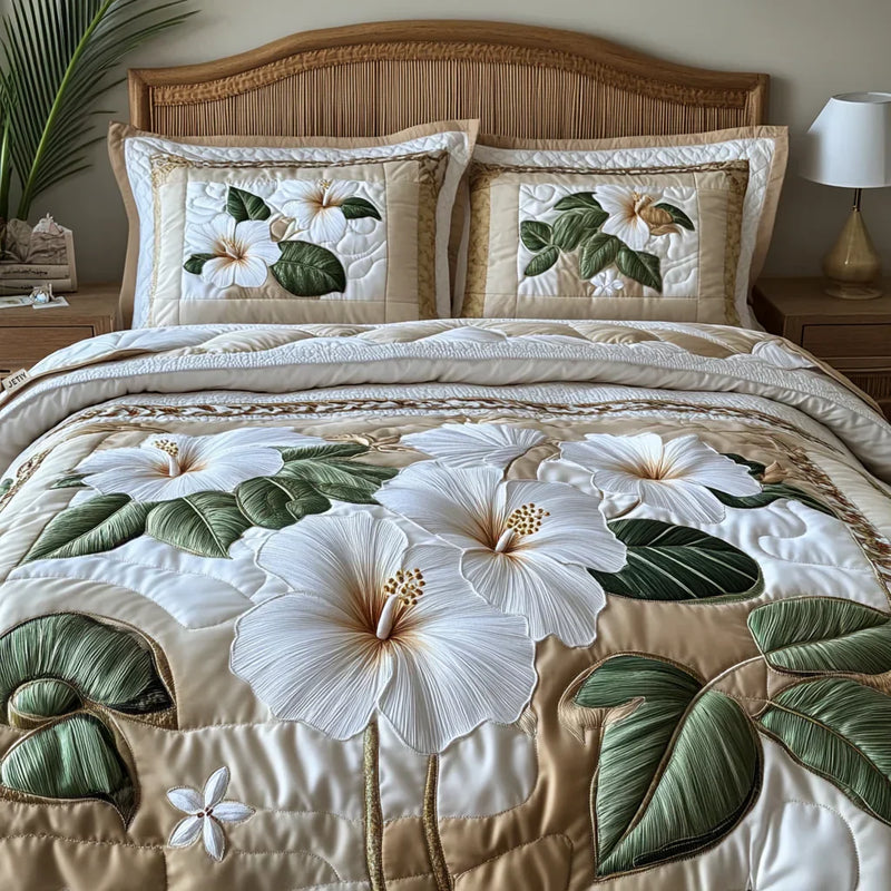Jogo de cama acolchoado de 3 peças - Hibisco Branco