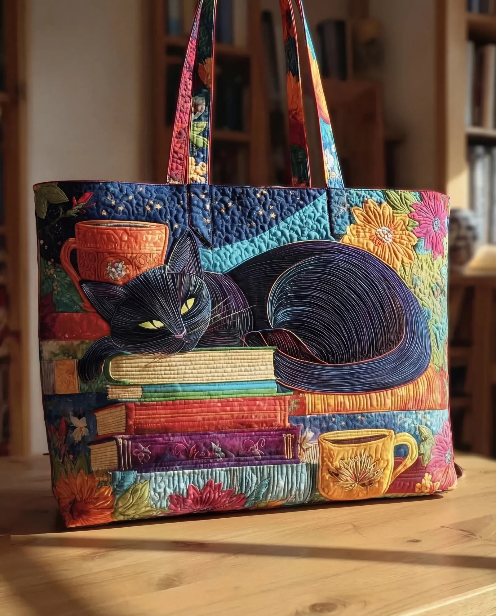 Bolsa Artesanal “Gato Preto com Livros e Canecas”